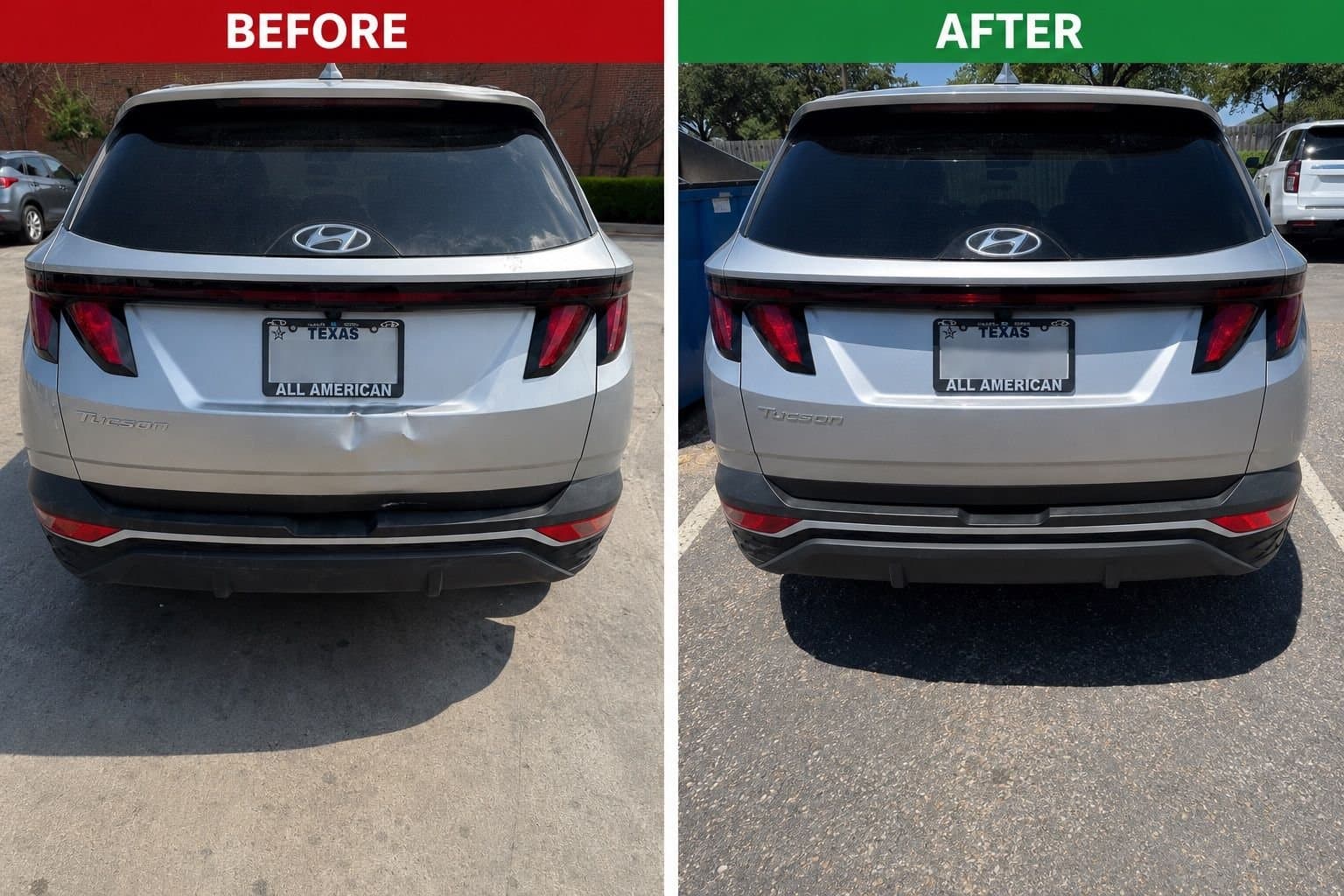 Before and after rear bumper repair in Austin, TX — Auto Art