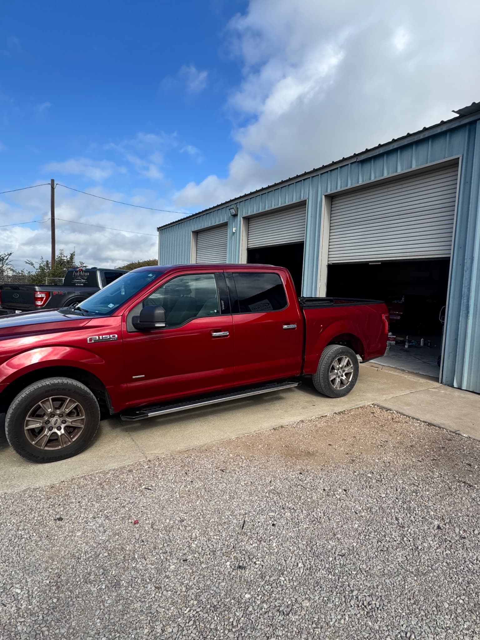 After: Before and after collision repair on a red 2016 Ford F-150 with fence gouge damage in Liberty Hill TX